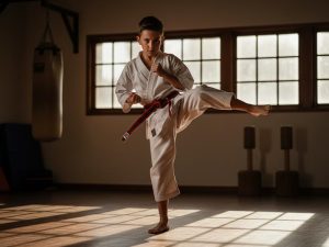 a brown belt child martial arts student confidently posing in a martial arts stance