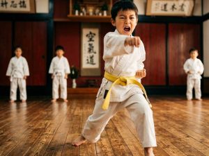 a young martial arts student displaying a form of usage of the power of the kiai